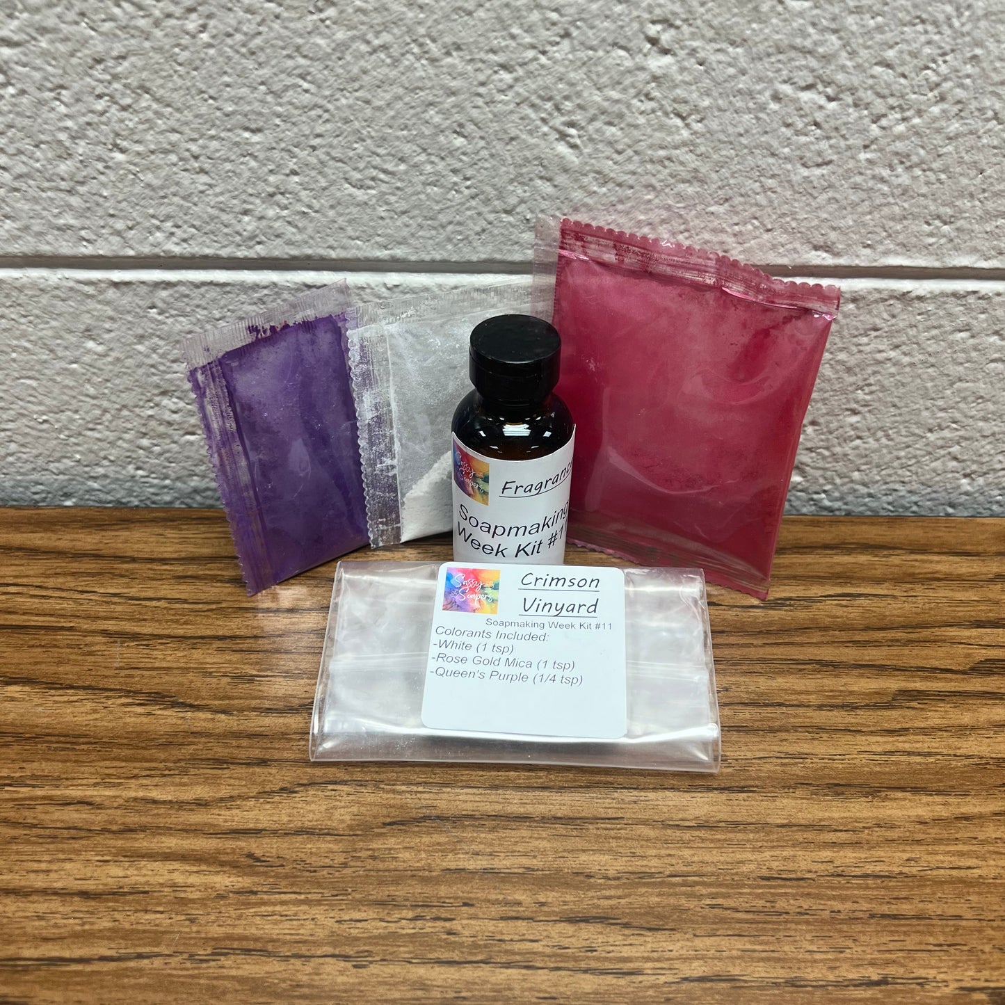 Bottle of fragrance oil and colorants for soap making