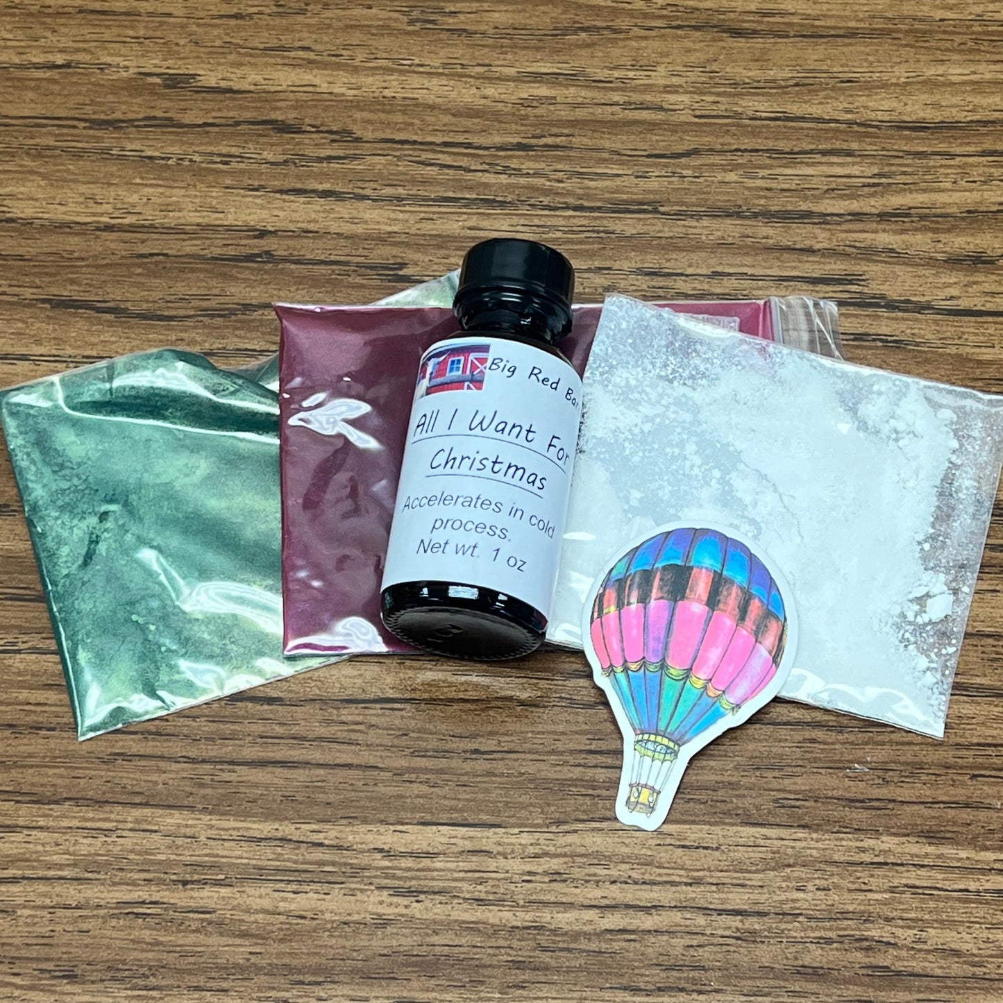 Christmas Disaster Soap Making Kit including 1 ounce of fragrance oil and 3 colorants.