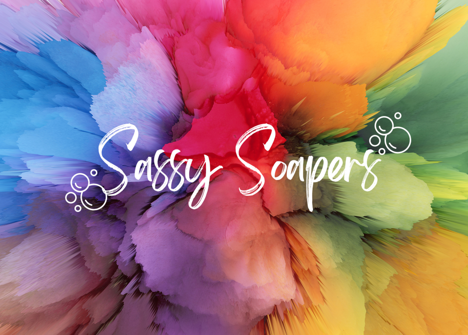 Sassy Soapers logo on rainbow splatter paint background