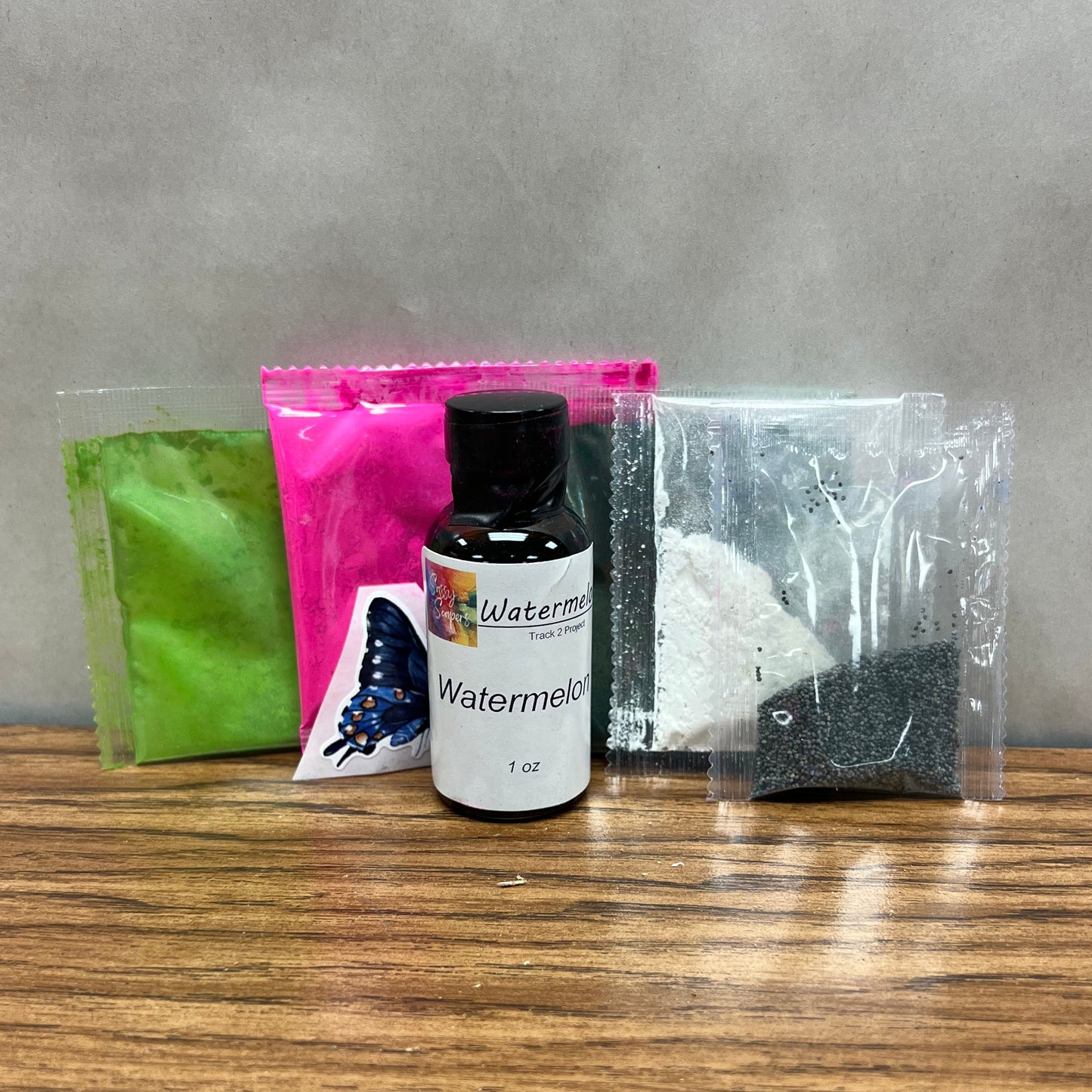 Watermelon fragrance kit - including 1 ouce of fragrance oil in a bottle and colorant packets.