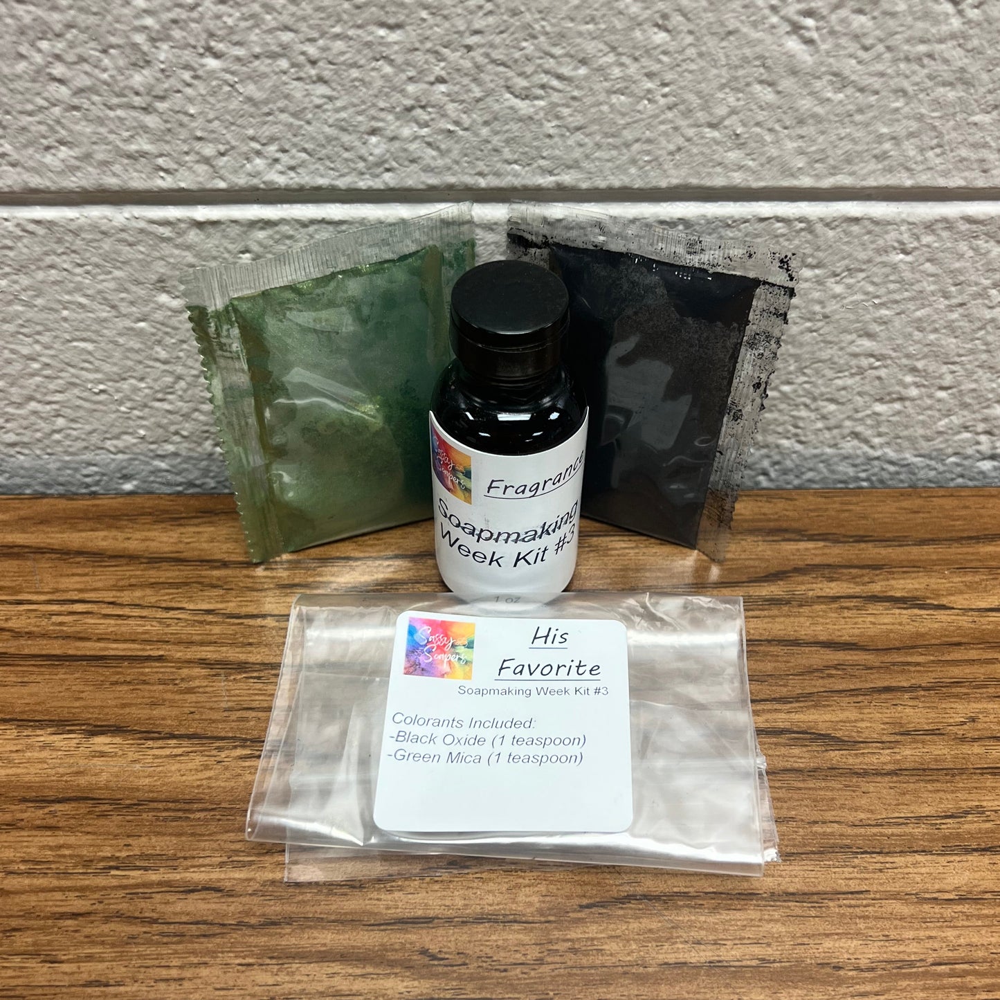 Bottle of fragrance oil and colorants for soap making