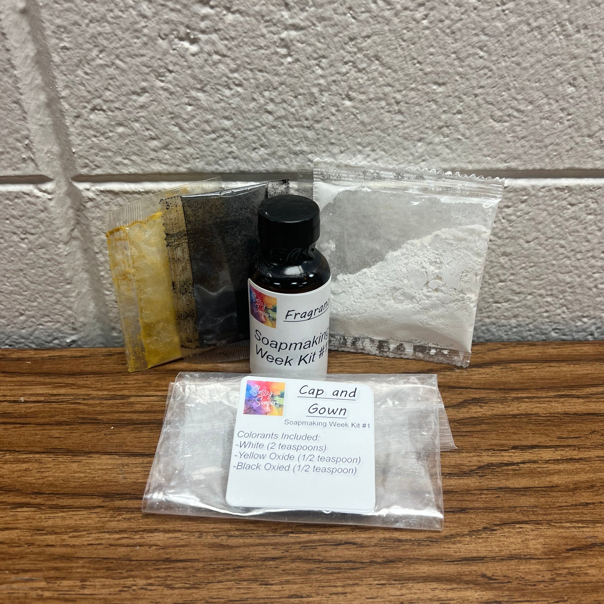 Bottle of fragrance oil and colorants for soap making