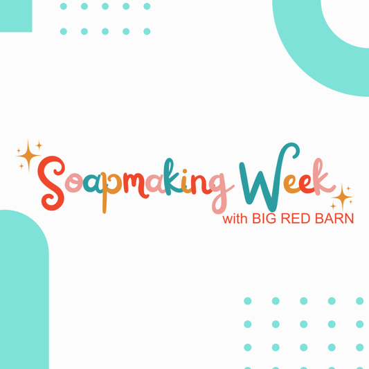 Promotional graphic for 'Soapmaking Week with BIG RED BARN' on a white background with turquoise accents.