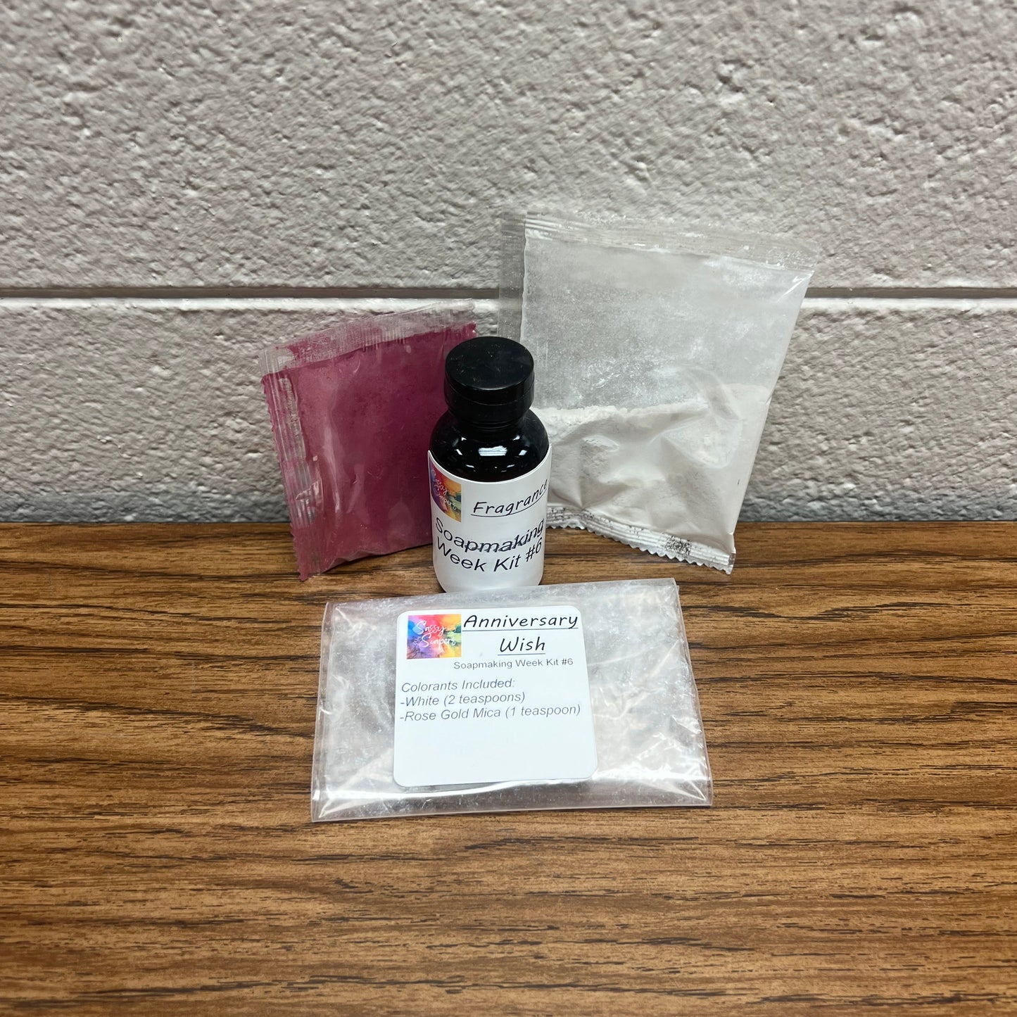 Bottle of fragrance oil and colorants for soap making