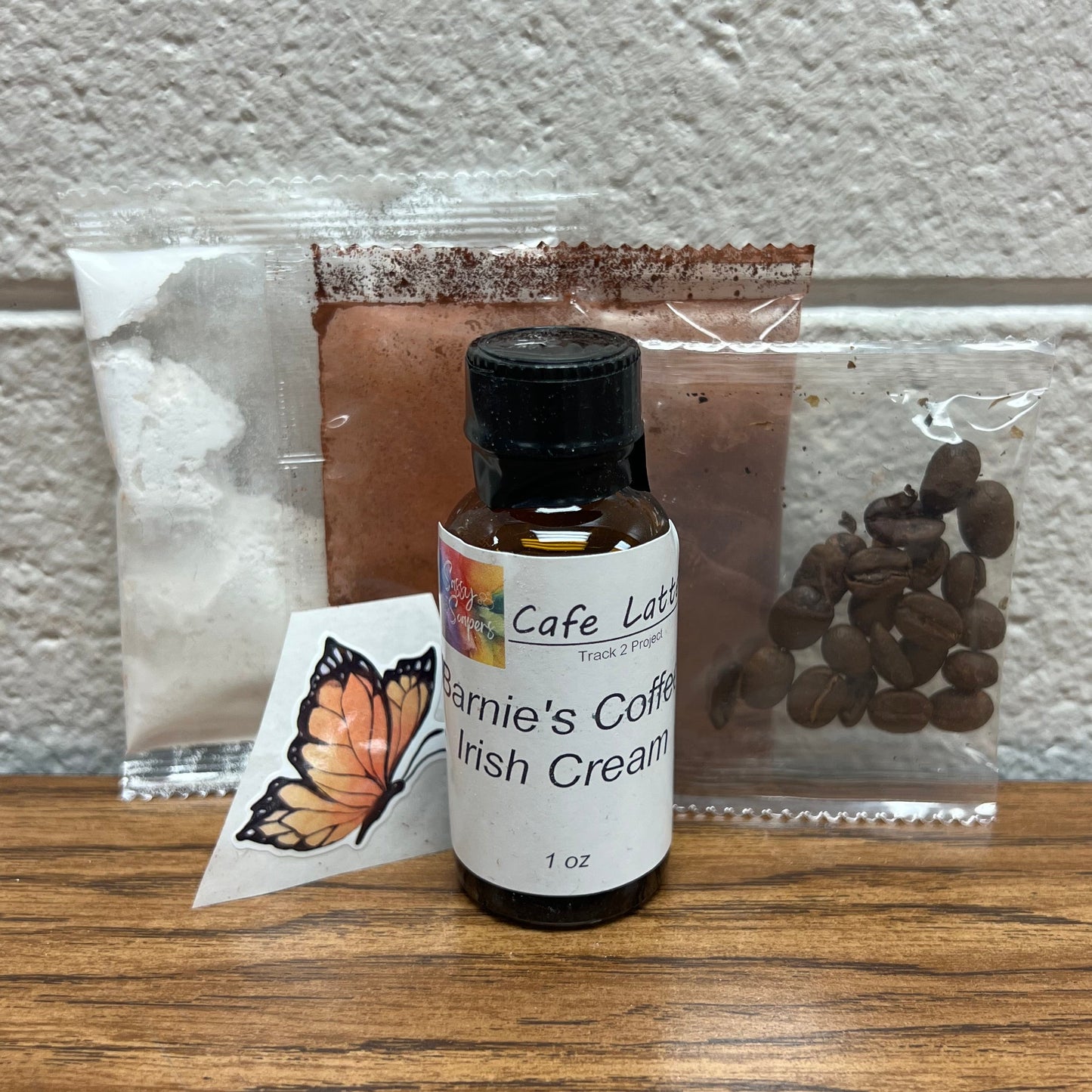 Kit with Coffee fragrance and white and brown colorants and coffee beans.