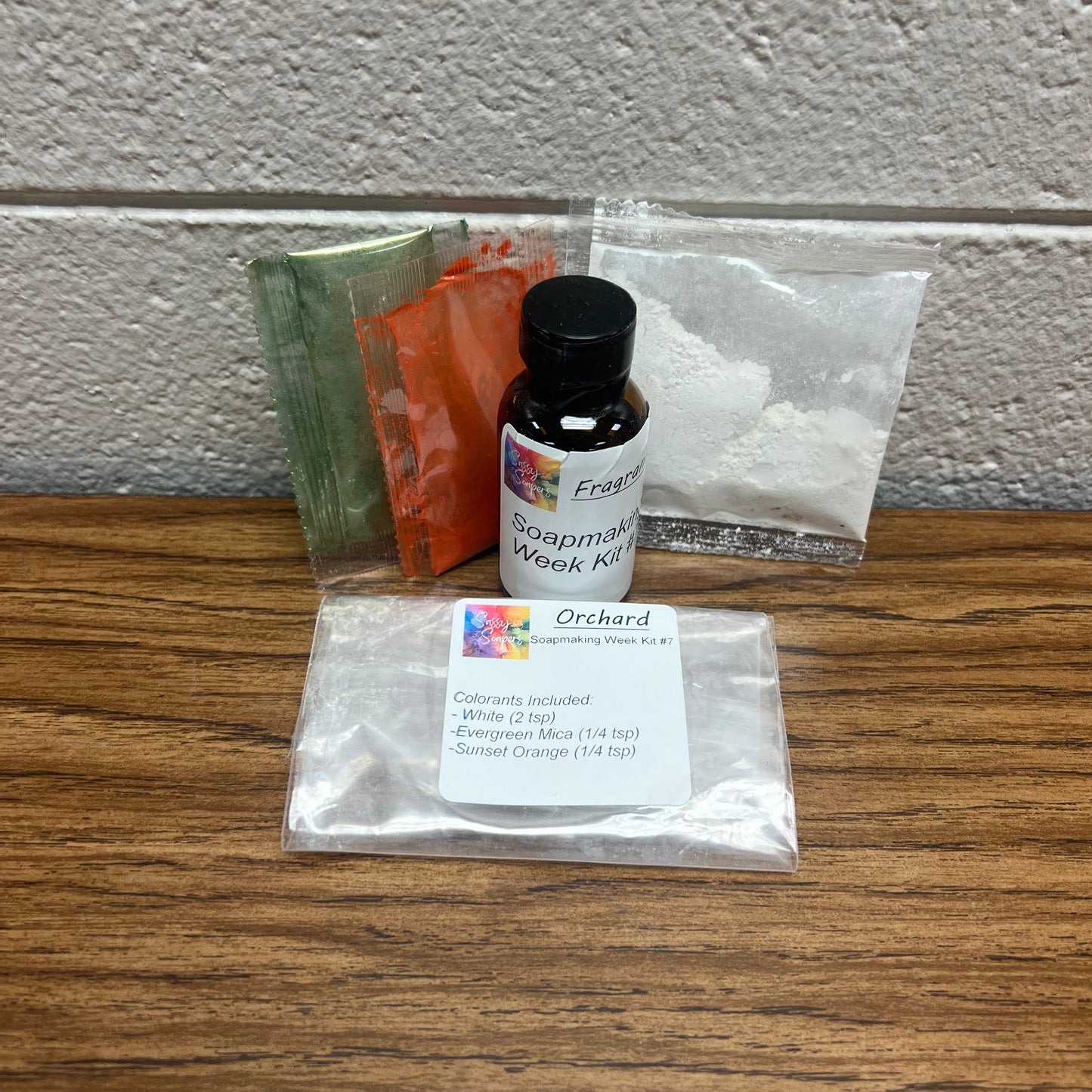 Bottle of fragrance oil and colorants for soap making