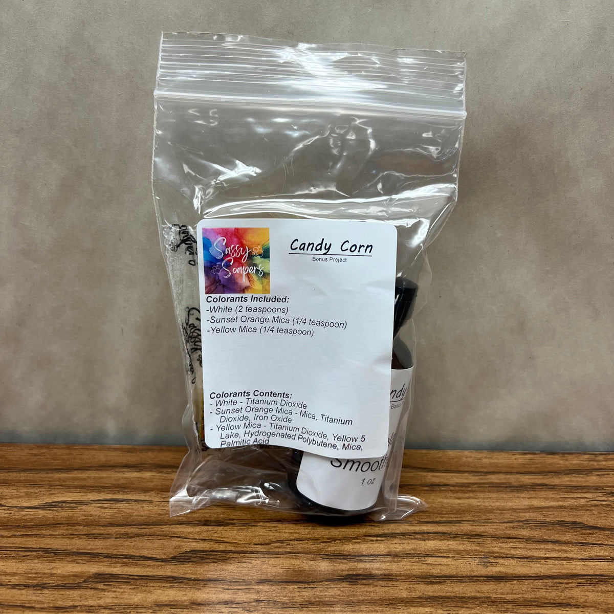 Candy Corn soapmaking kit in a clear bag