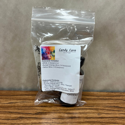 Candy Corn soapmaking kit in a clear bag