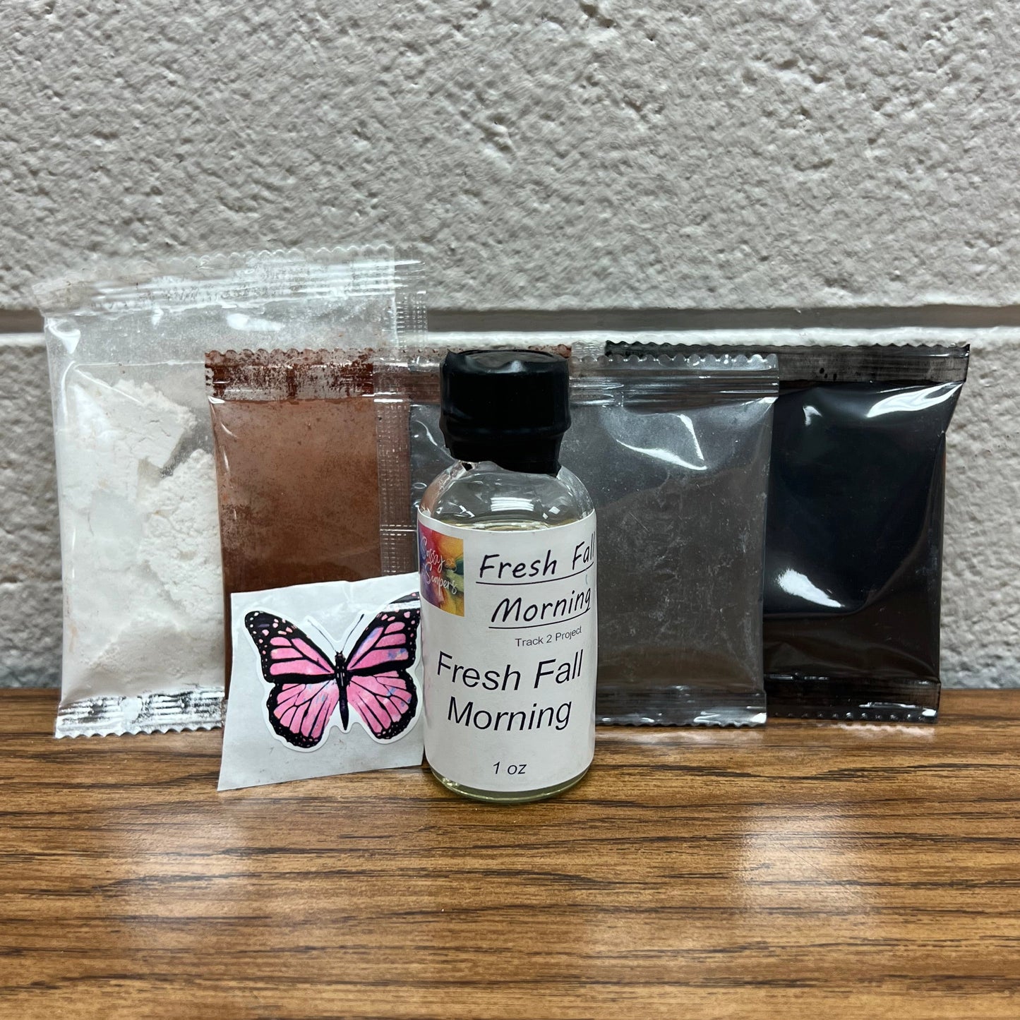 Kit with Fresh Fall Morning fragrance and black, gray, brown and white colorants.