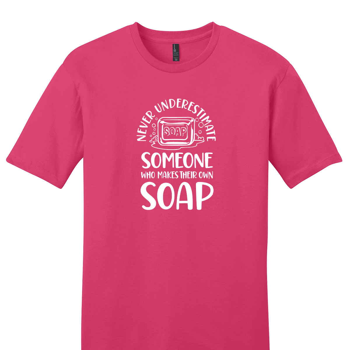 Pink t-shirt with white text and graphic on a white background
