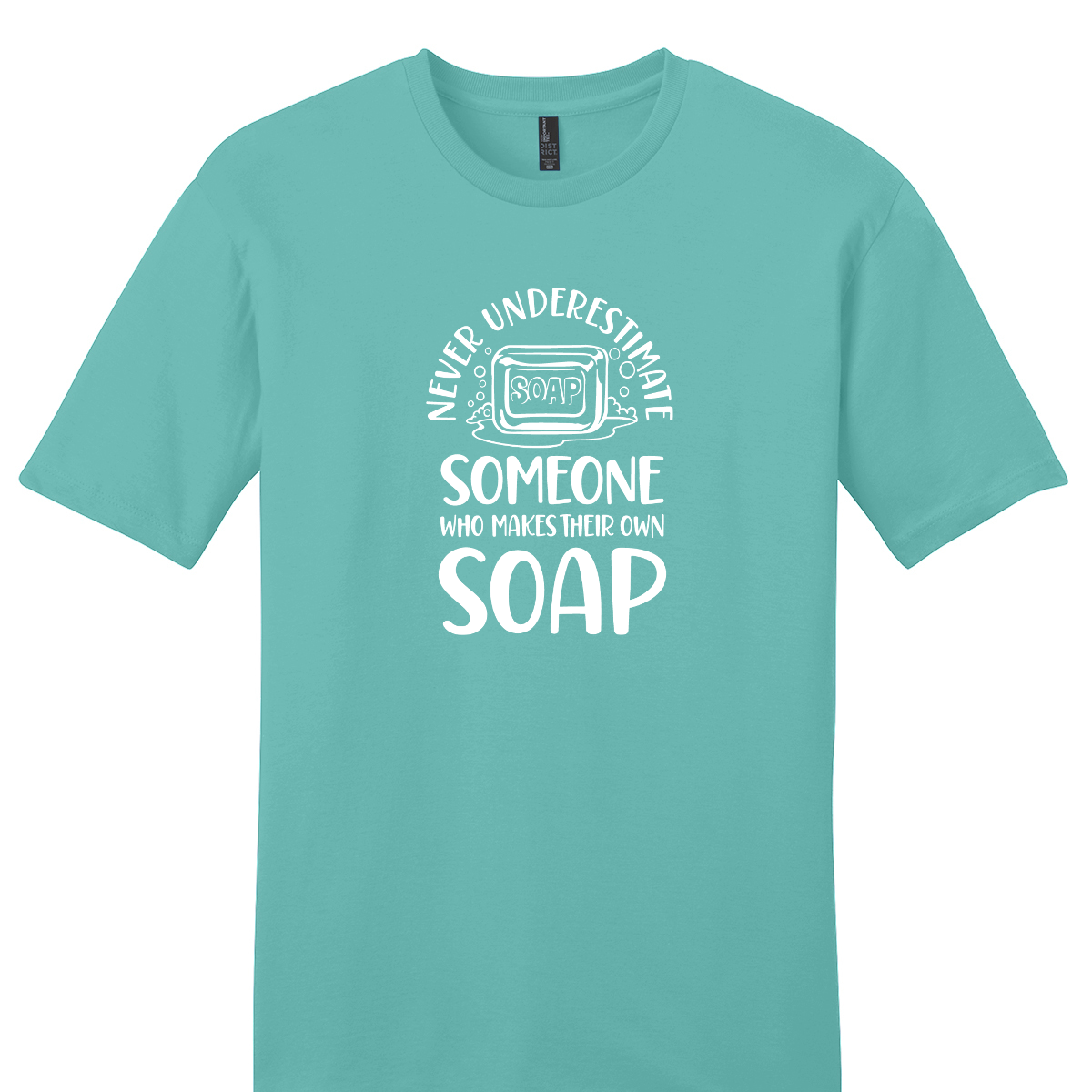 Teal t-shirt with white text on a white background