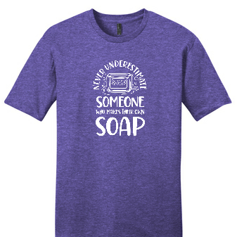Purple t-shirt with white graphic and text on a white background