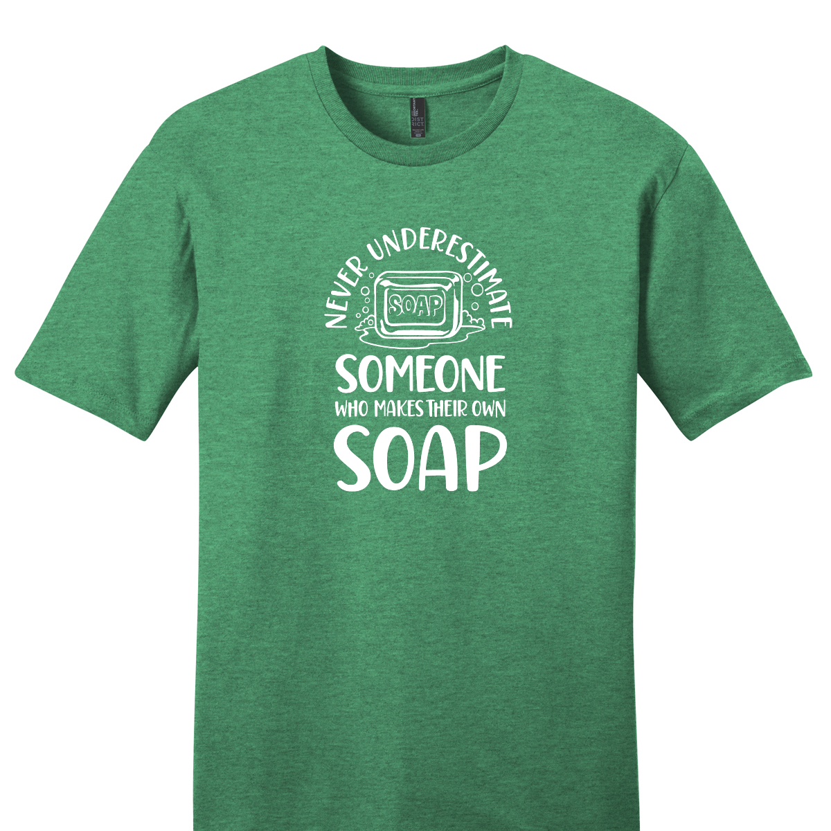 Green t-shirt with white text on a white background