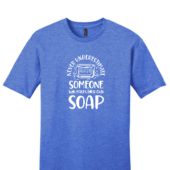 Blue t-shirt with white text and graphic on a white background