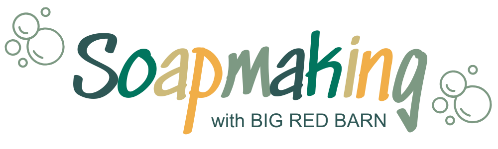 Logo for soapmaking with Big Red Barn featuring colorful text and bubbles.