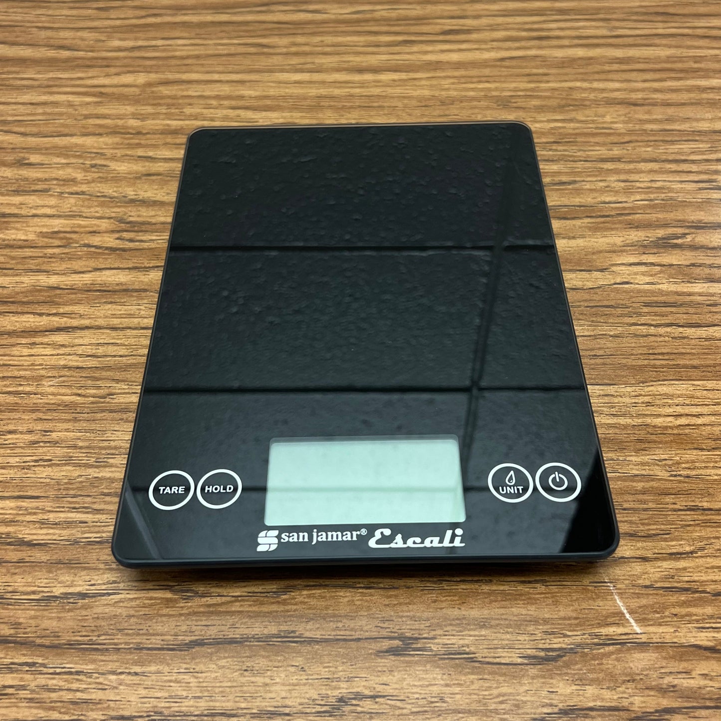 Glass top, flat, touch controlled kitchen scale. San Jamar/Escali branded. 