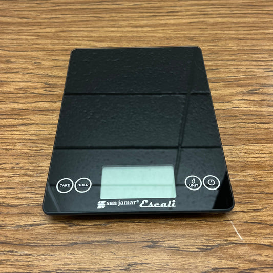 Glass top, flat, touch controlled kitchen scale. San Jamar/Escali branded. 