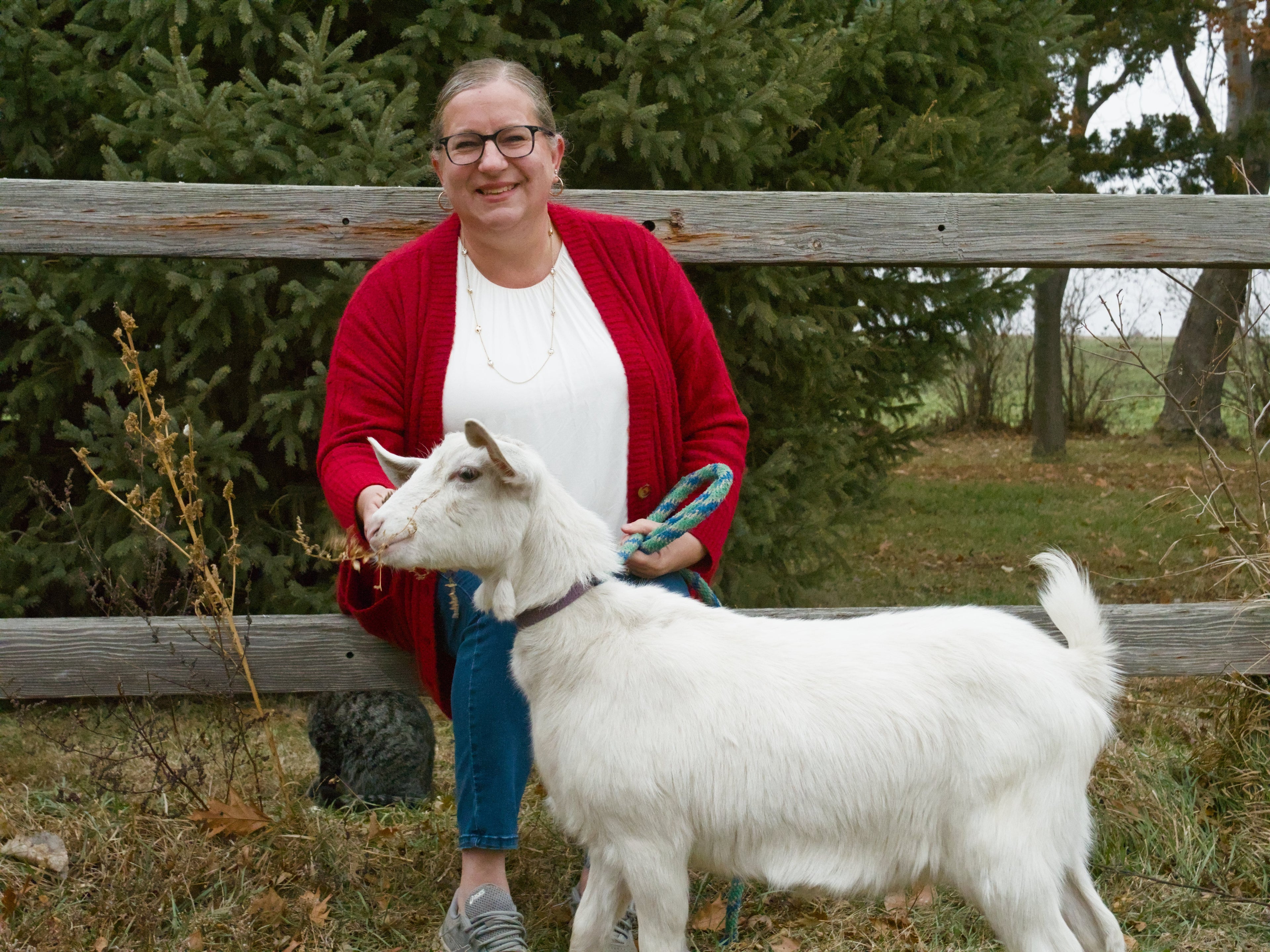 Woman in a red cardigan holding a white goat in a natural setting with trees and a wooden fence.