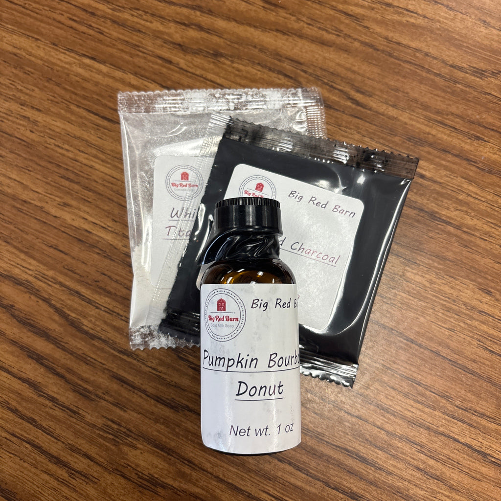 Small bottle of pumpkin spice donut kit on a wooden surface