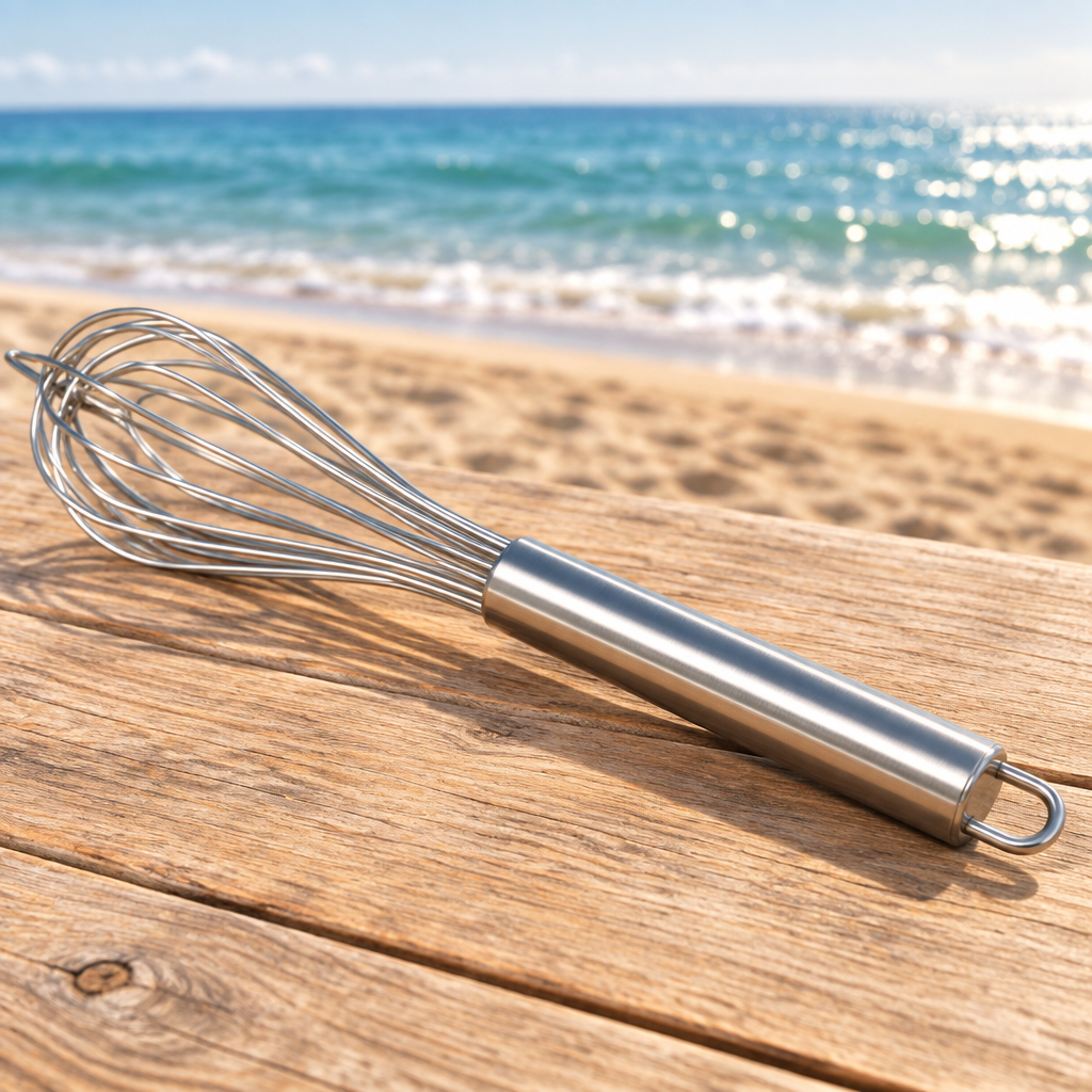 Stainless steel whisk on a wooden table by the beach, with the ocean softly blurred in the background.