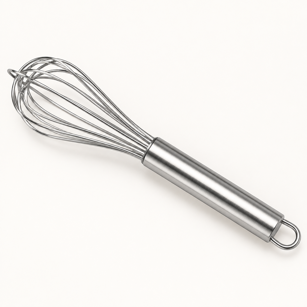 A stainless steel whisk with a looped handle, displayed on a textured background.