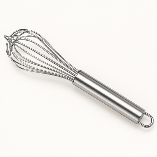 A stainless steel whisk with a looped handle, displayed on a textured background.
