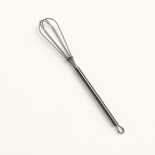 A small stainless steel whisk on a white
 surface.