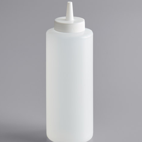 A white plastic squirt bottle with a pointed dispensing tip, displayed against a neutral background.